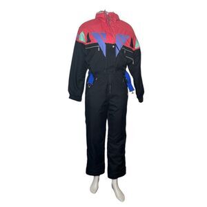 KILLY Ski Suit One Piece Black Colorblock Hood Zippers Womens Size 6 VINTAGE